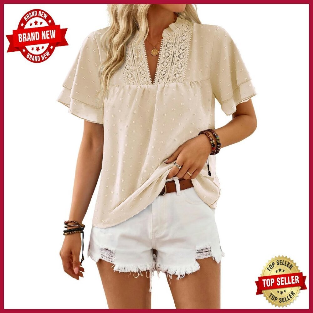 Swiss Dot Blouse with Butterfly Sleeves & Crochet Lace